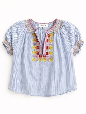 Madewell Blue Pinstripe Embroidered Floral Peasant Top